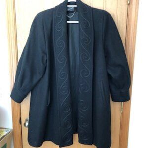 Vintage 1990s Lady Suzette Stylish Black Winter Coat Embroidered Lapels L XL